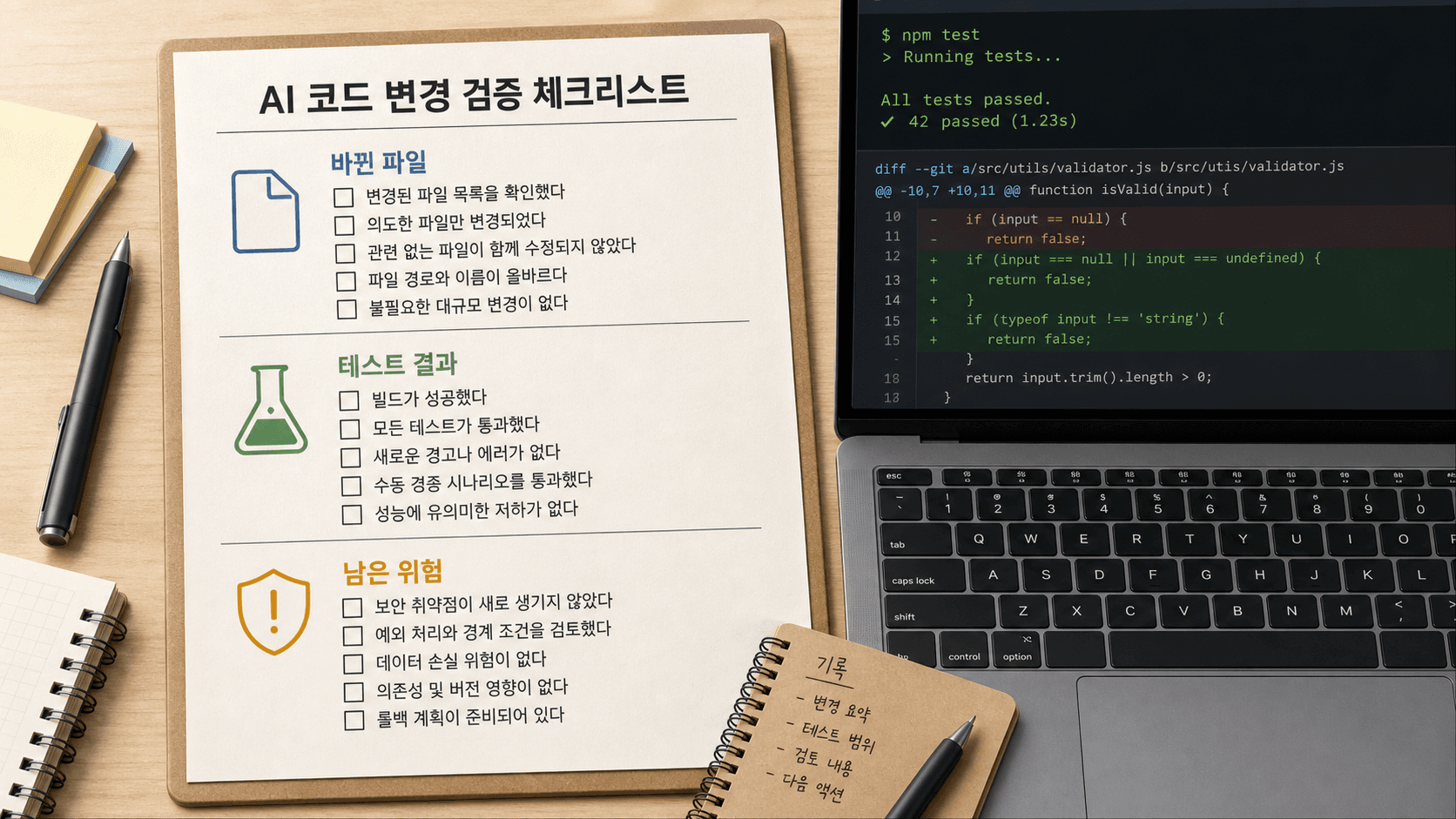 AI가 만든 코드 변경을 적용하기 전 확인할 파일, 테스트, 남은 위험 체크리스트