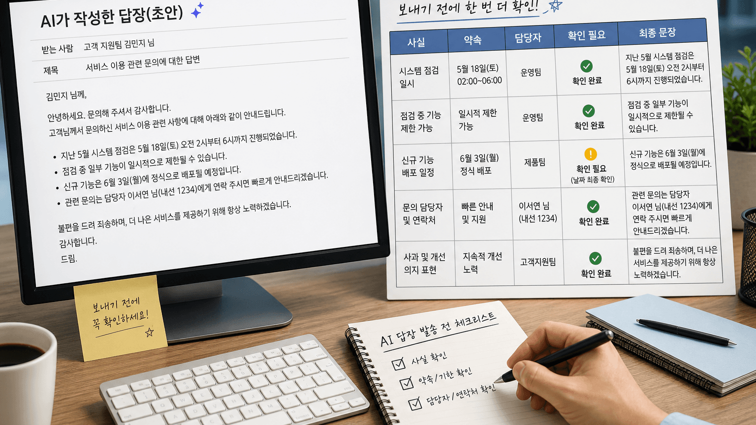 AI가 쓴 답장을 사실, 약속, 담당자, 확인 필요, 최종 문장으로 나눠 보는 업무 화면