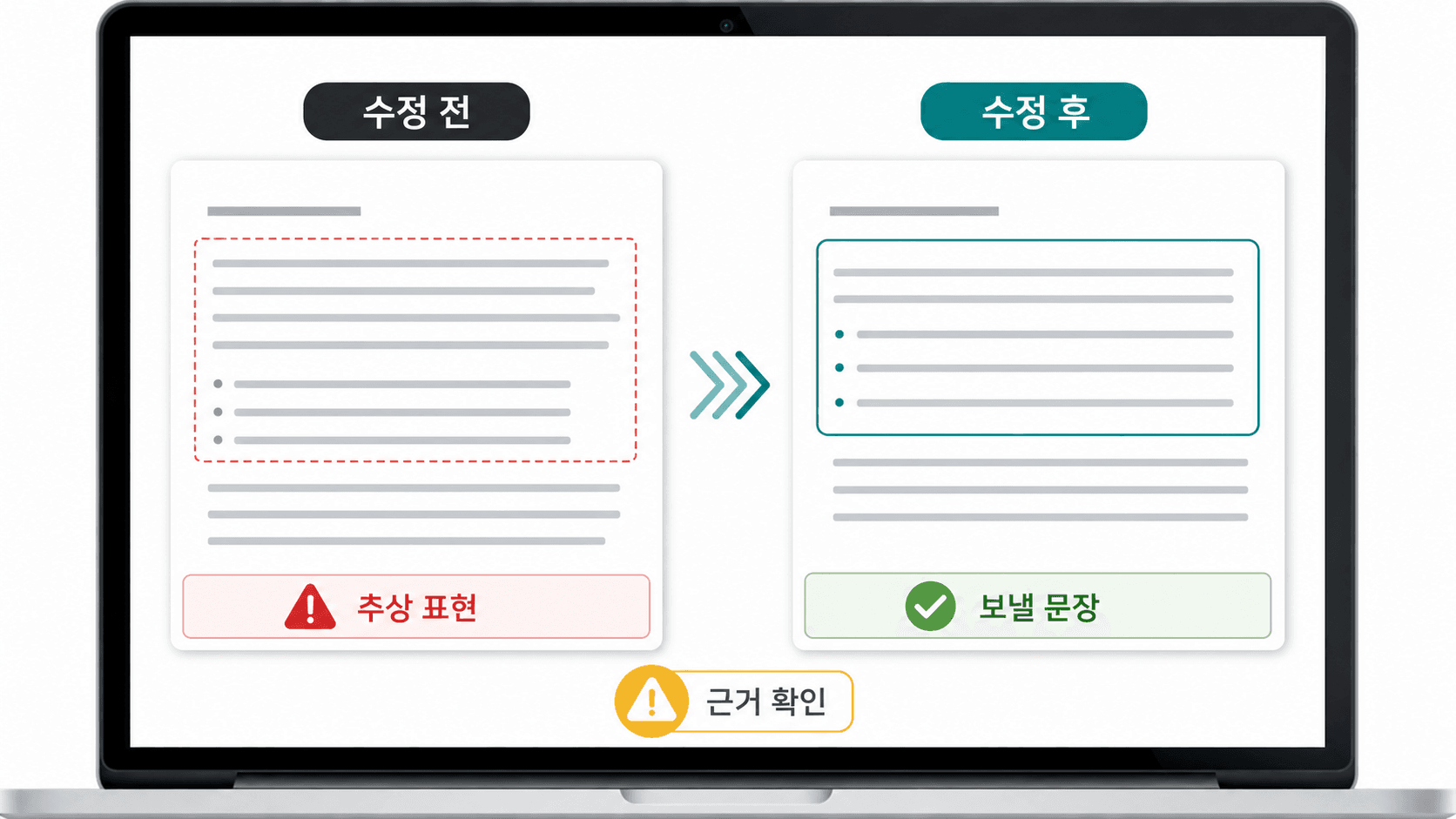 AI 보고서 초안의 추상 문장을 업무자가 보낼 수 있는 문장으로 바꾸는 전후 비교 화면
