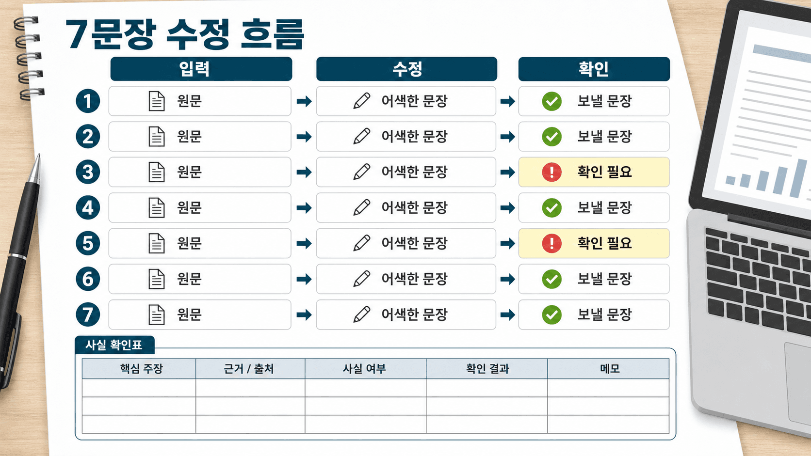 7문장 프롬프트 흐름과 확인할 근거 표를 한눈에 보는 체크리스트 이미지