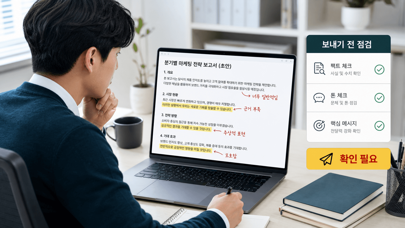 AI로 만든 보고서 초안을 팀장에게 보내기 전 어색한 문장과 확인할 근거를 나누어 보는 업무 화면