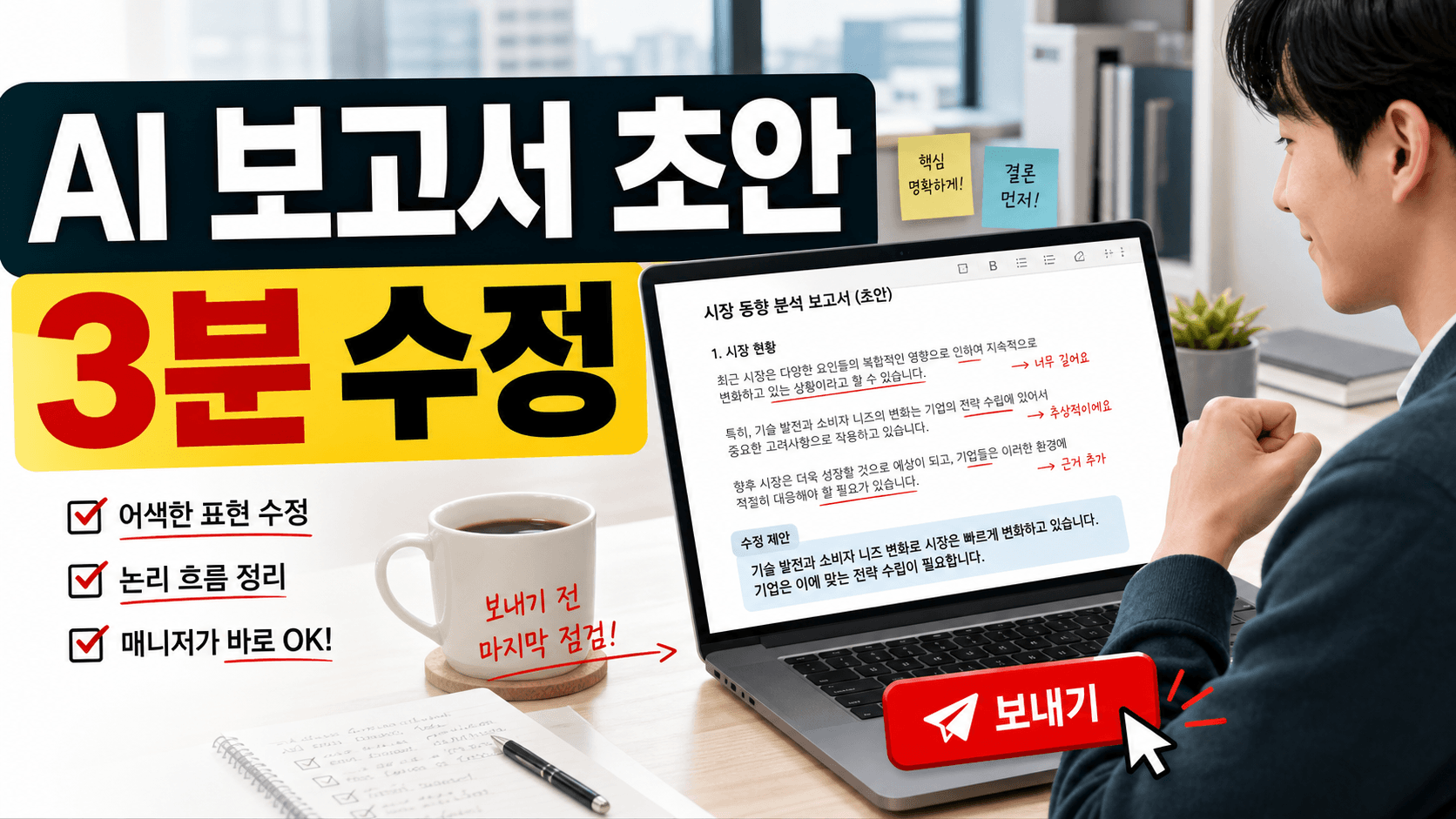 팀장에게 보낼 AI 보고서 초안, 3분 수정 프롬프트 7문장 대표 이미지