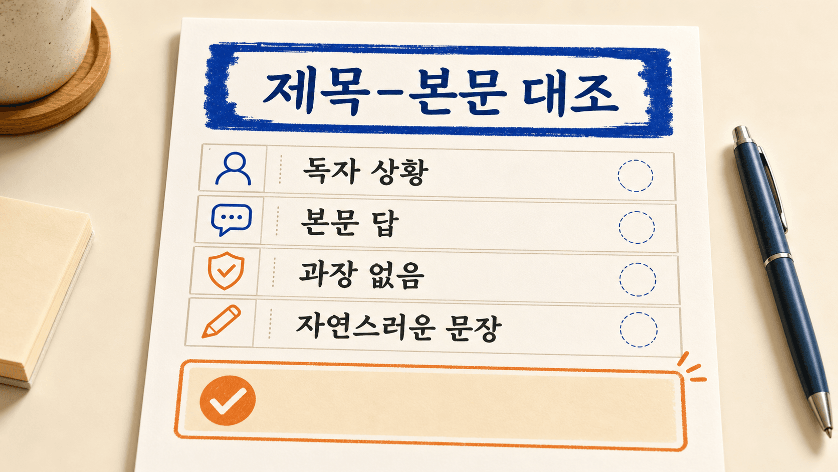제목 후보가 독자 상황, 본문 답, 과장 여부, 자연스러운 표현을 통과하는지 확인하는 제목-본문 대조표