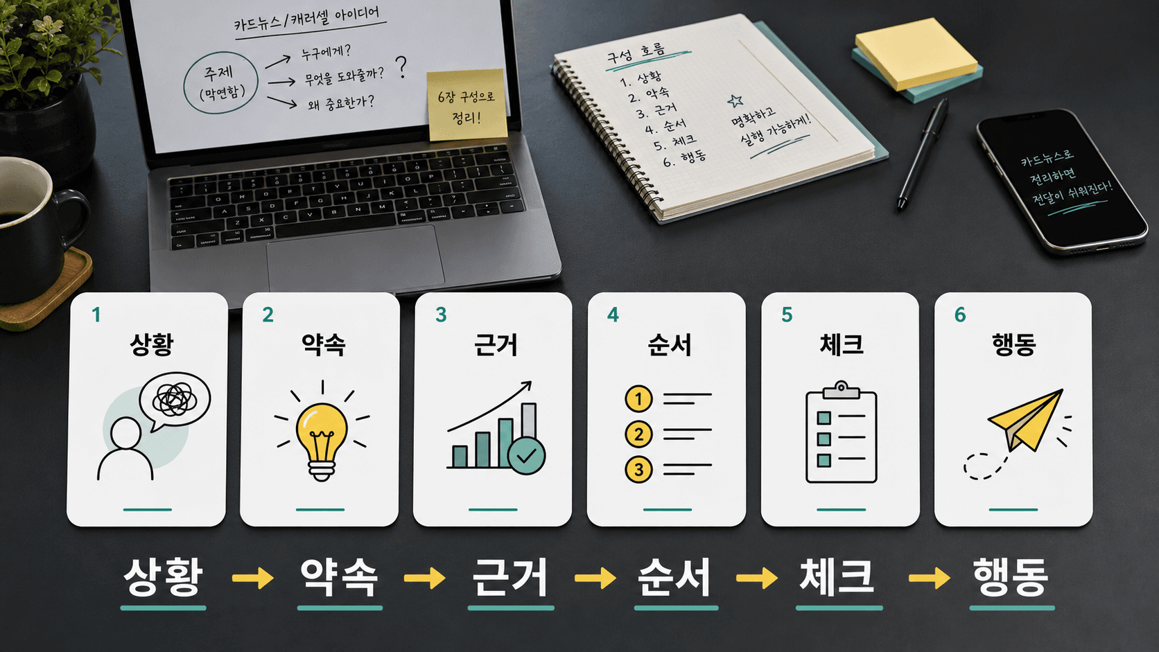 카드뉴스 아이디어를 상황, 약속, 근거, 순서, 체크, 행동으로 나누는 6장 구성 흐름