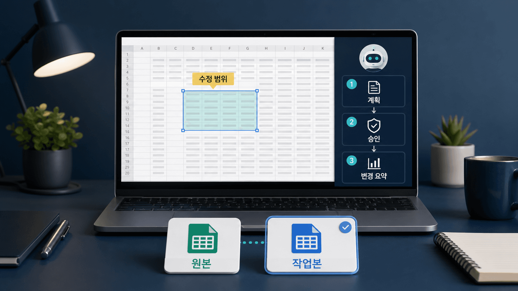원본과 작업본 엑셀 시트를 나란히 두고 AI 수정 범위를 확인하는 비공식 업무 재연 화면
