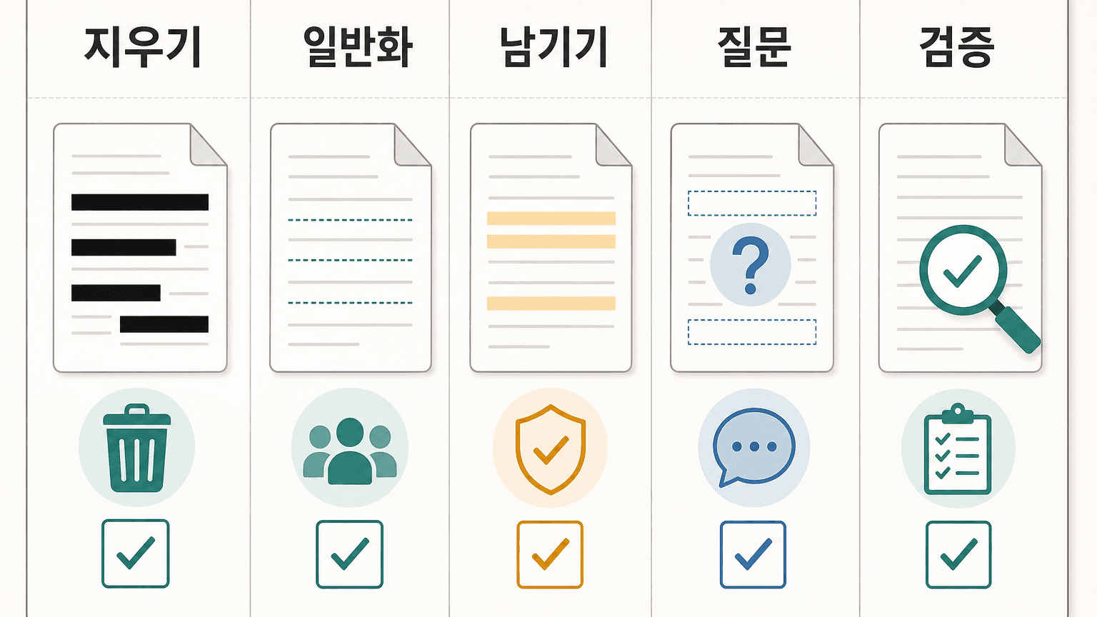 파일 업로드 전 지우기, 일반화, 남기기, 질문, 검증 5칸을 나누는 체크리스트