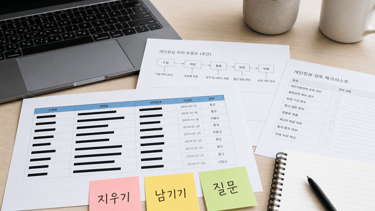 민감정보가 가려진 문서와 ChatGPT 요청 전 점검표를 함께 보는 작업 화면