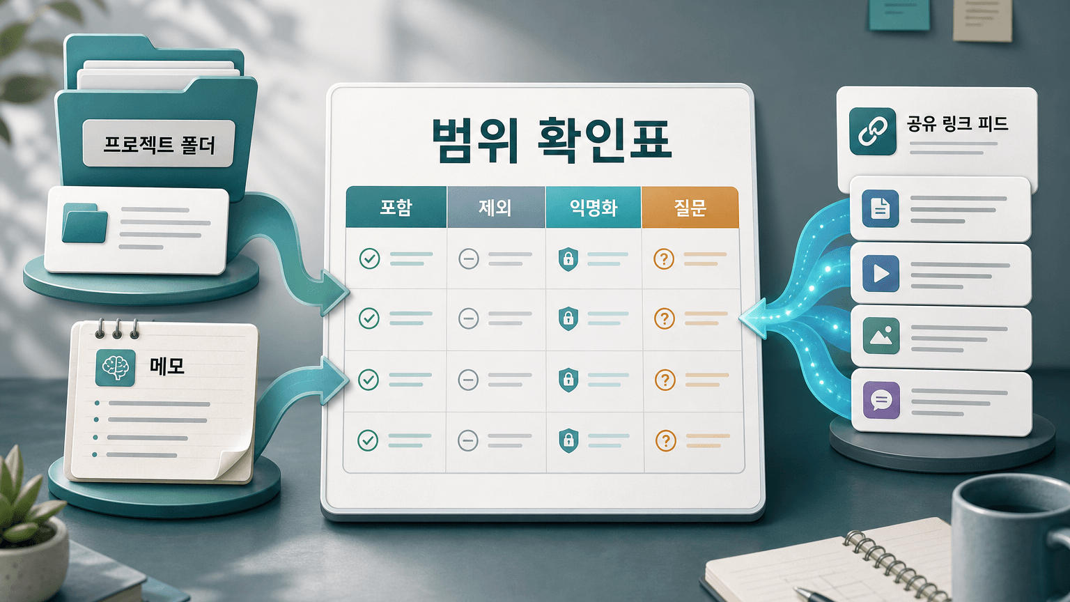 프로젝트 파일, 메모리, 공유 링크 맥락을 범위 확인표로 나누는 작업 화면