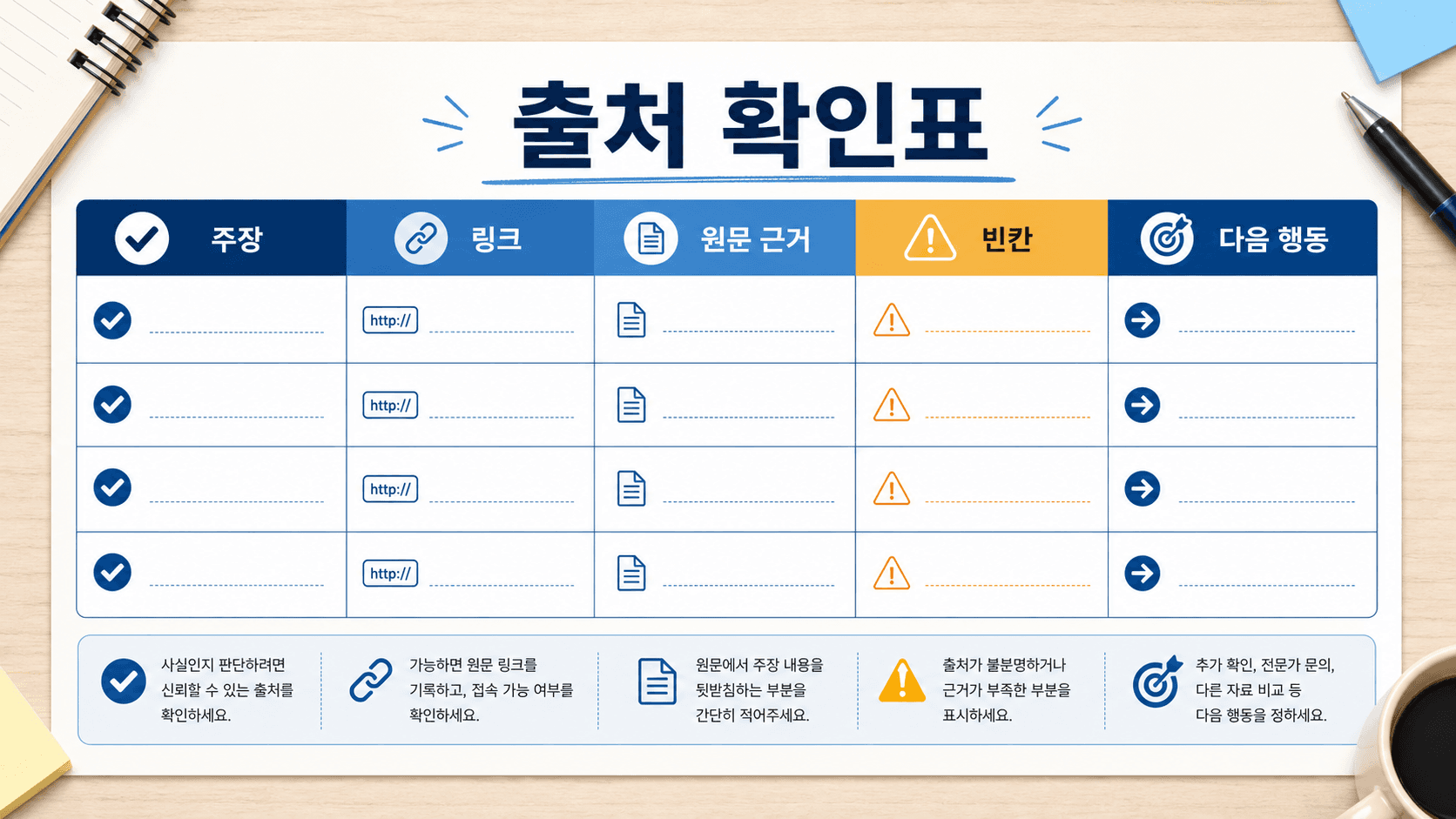 핵심 주장, 출처 링크, 원문 근거, 부족한 부분, 다음 행동으로 나뉜 출처 확인 체크리스트