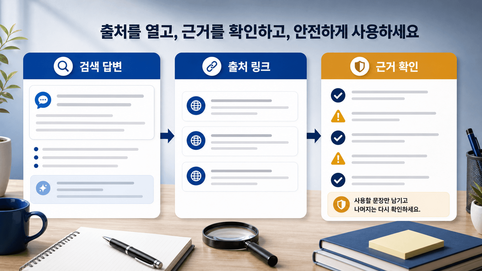 ChatGPT 검색 답변 옆에 원문 링크, 근거 문장, 빈칸 확인표가 놓인 추상 작업 화면