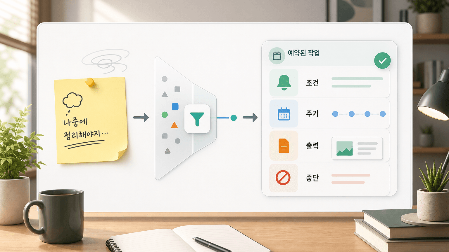 ChatGPT 작업 알림을 트리거, 주기, 출력, 중단 조건으로 좁히는 추상 업무 화면
