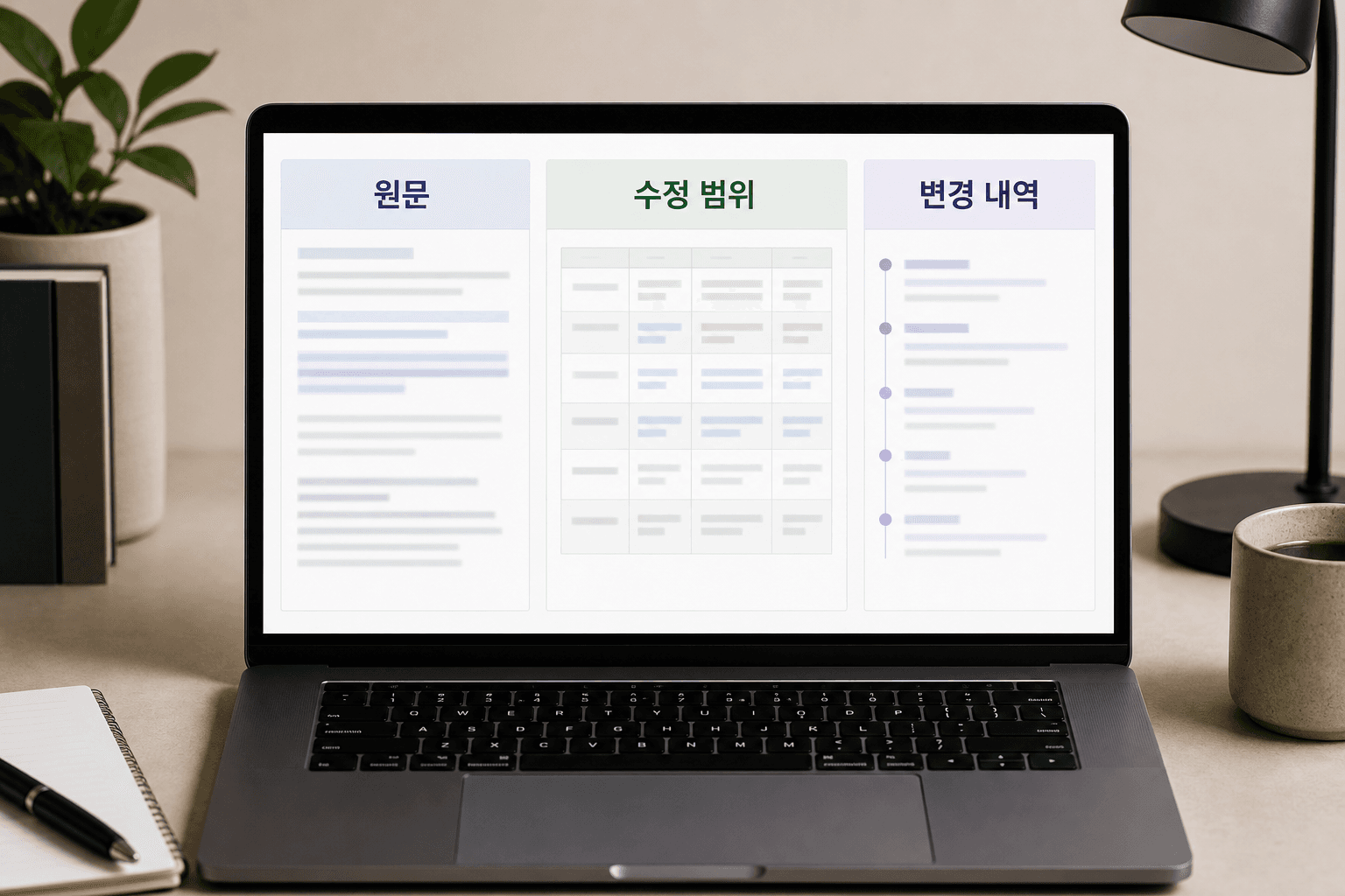 원문 초안, 수정 범위표, 변경 내역 칸을 나란히 놓은 추상 작업 화면