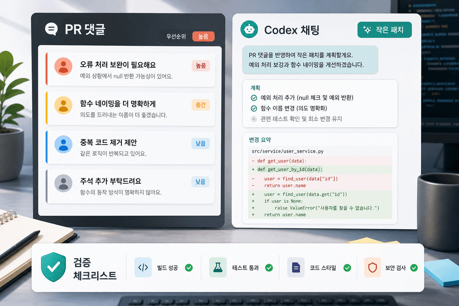 PR 댓글과 Codex 요청을 우선순위표로 나누는 개발자 작업 화면