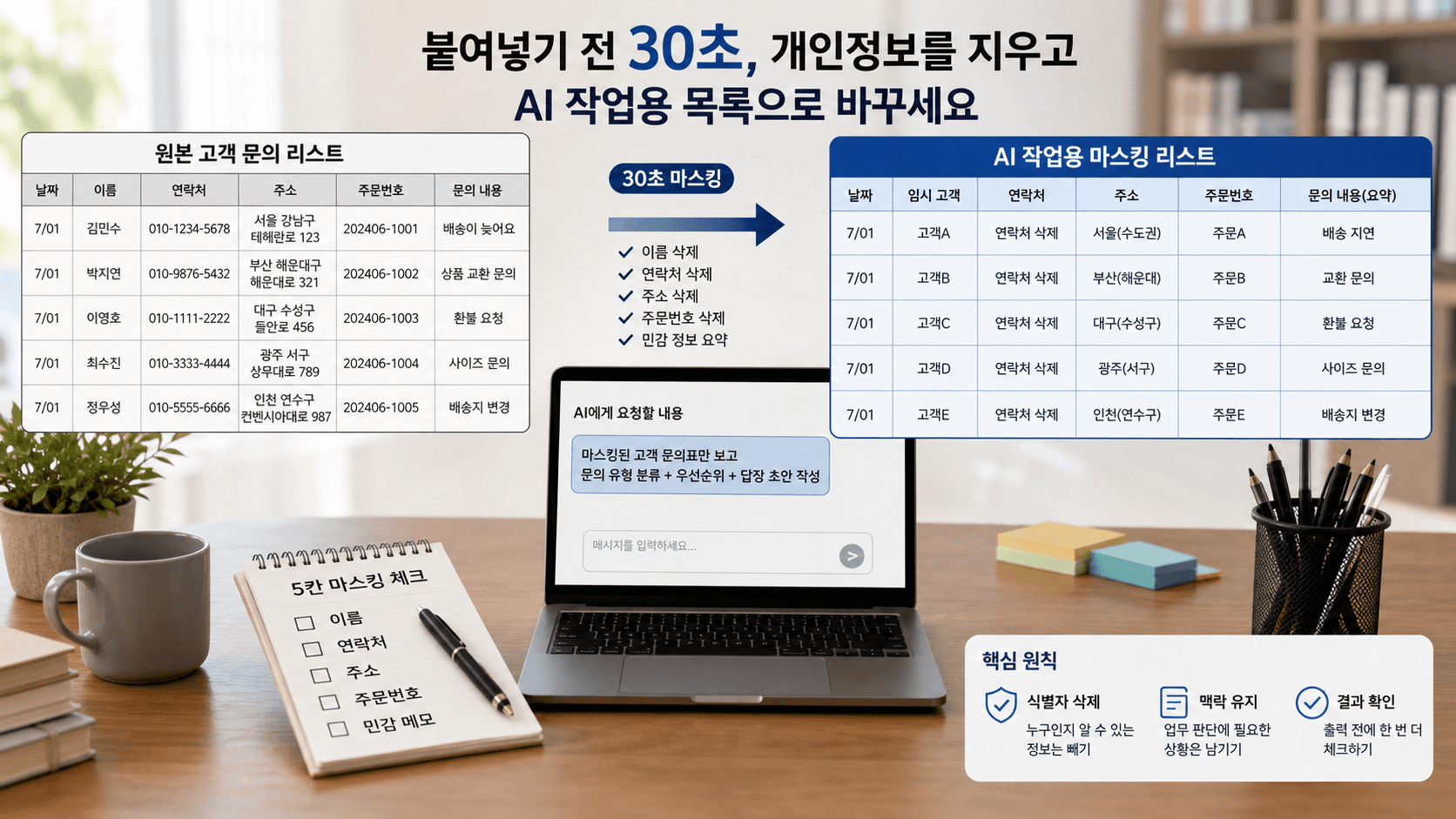 고객 명단 원본을 마스킹본으로 바꾼 뒤 ChatGPT 요청문에 넣는 작업 흐름