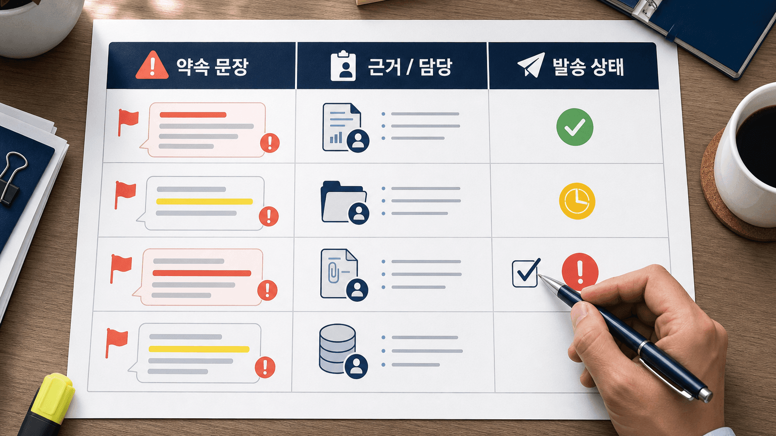 고객 답변에서 약속 문장, 확인 근거, 전송 상태를 나누는 세 칸 검수표