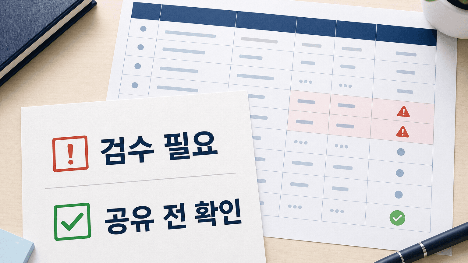 검수 필요 행과 공유 전 확인 항목을 표시한 고객 의견 분류표 점검 장면