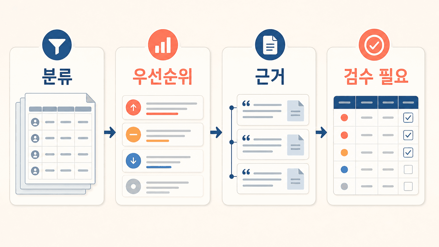 고객 의견 CSV를 분류, 우선순위, 근거, 검수 필요로 나누는 네 단계 흐름