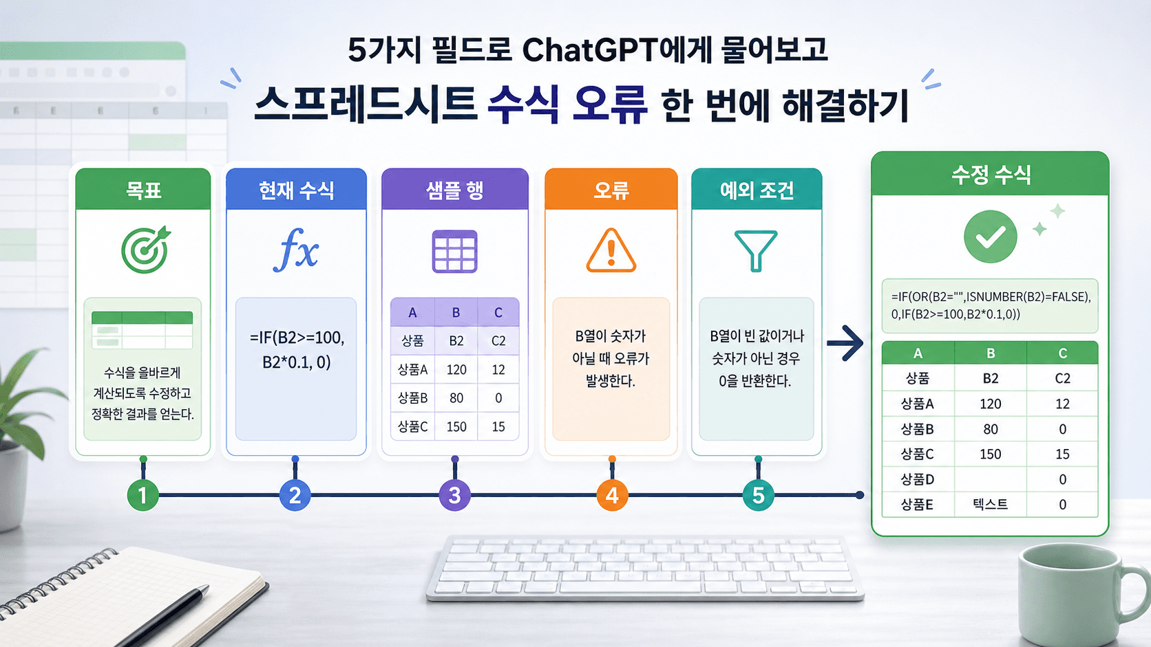 엑셀 수식 오류를 ChatGPT 5칸 입력문으로 나누는 작업 화면