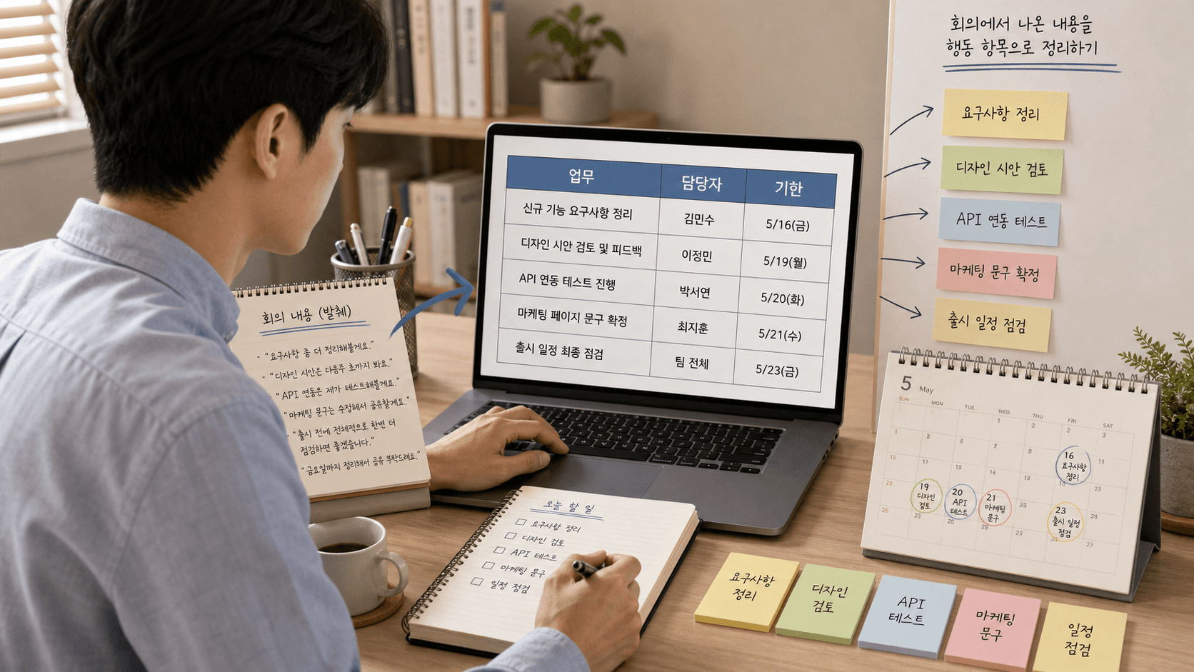 회의록을 액션아이템 표로 바꾸는 작업 화면
