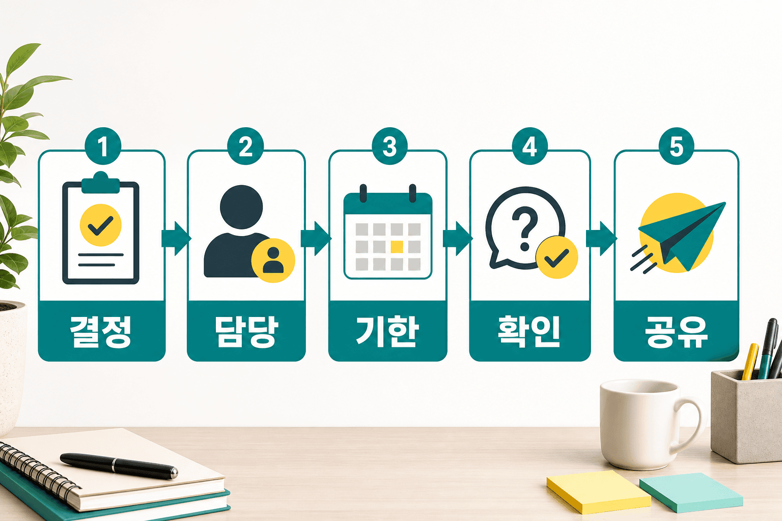 회의록 실행 항목을 결정, 담당, 기한, 확인, 공유 순서로 점검하는 체크리스트