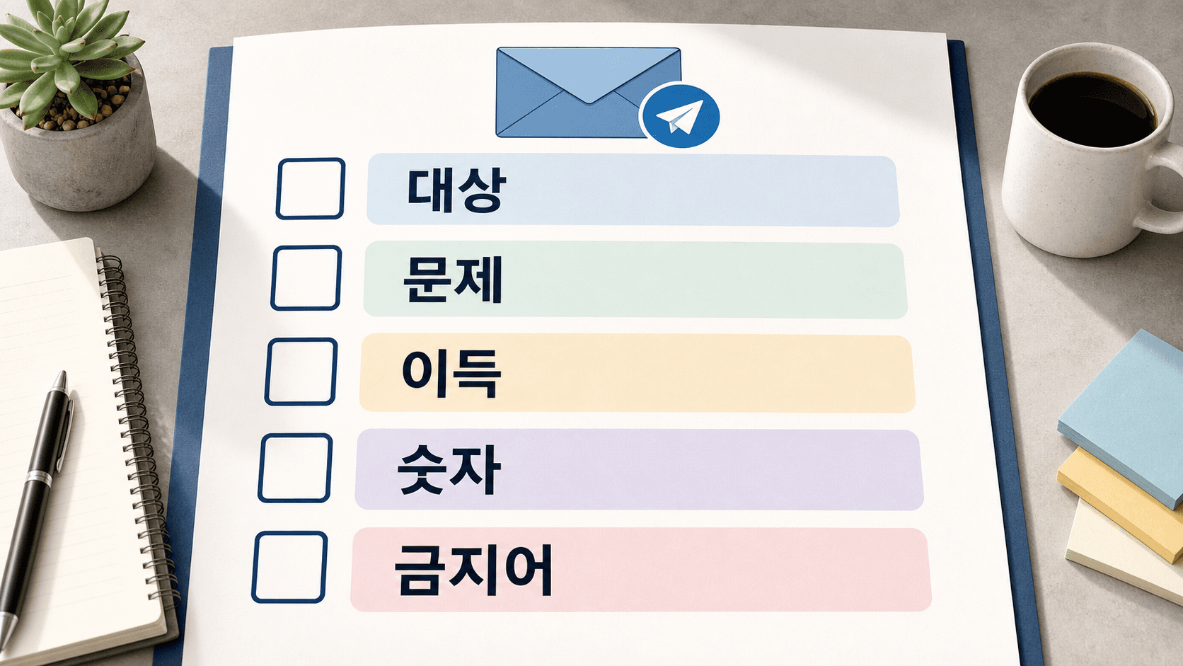 뉴스레터 제목 후보를 대상, 문제, 이득, 숫자, 금지어로 점검하는 체크리스트