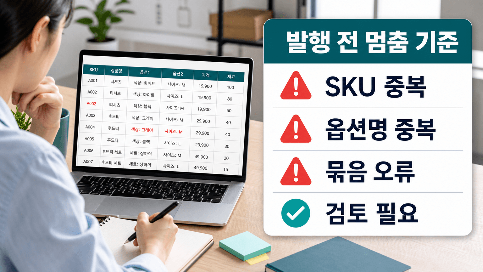 SKU 중복, 옵션명 중복, 묶음 오류, 검토 필요를 확인하는 발행 전 예시 체크리스트