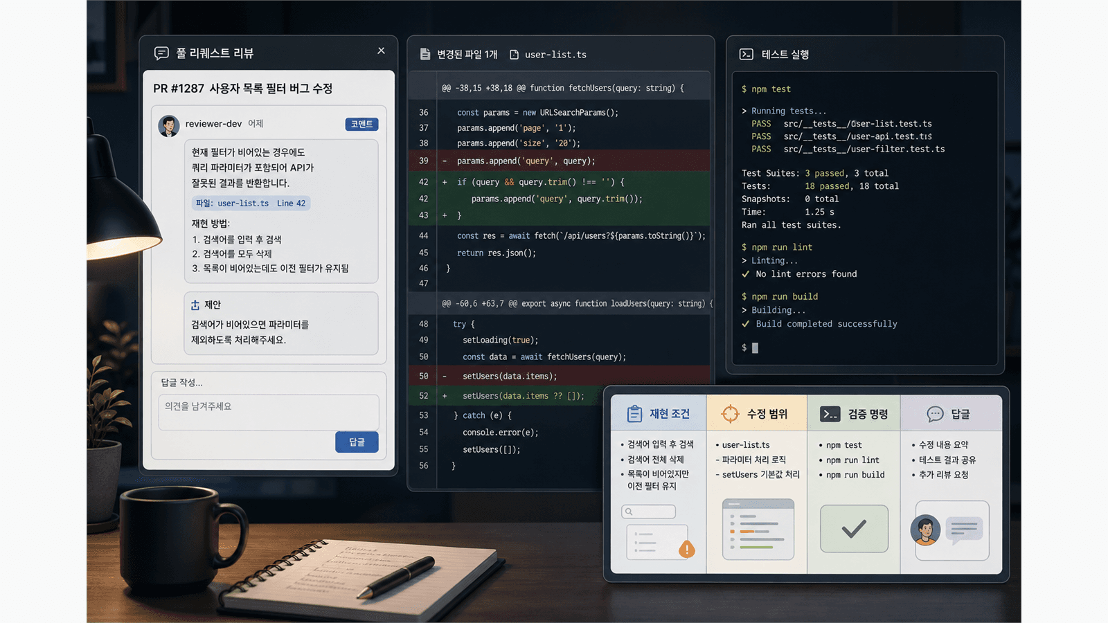 PR 리뷰 댓글과 코드 diff를 수정 범위 보드로 정리하는 AI 코딩 작업 화면