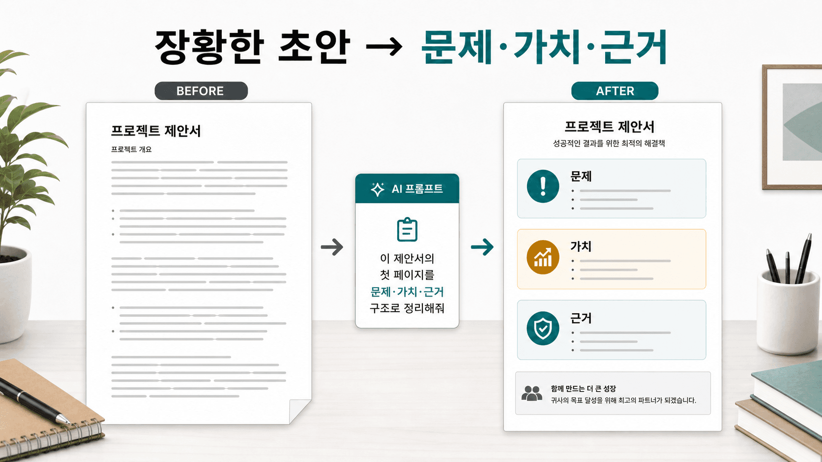 장황한 제안서 초안을 문제, 가치, 근거 구조로 바꾸는 흐름