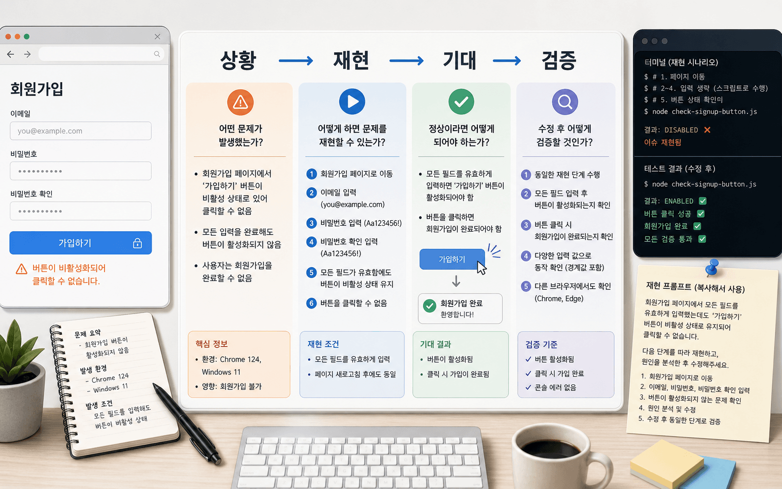 회원가입 버튼 비활성화 문제를 상황, 재현, 기대, 검증으로 나누어 보는 작업 화면