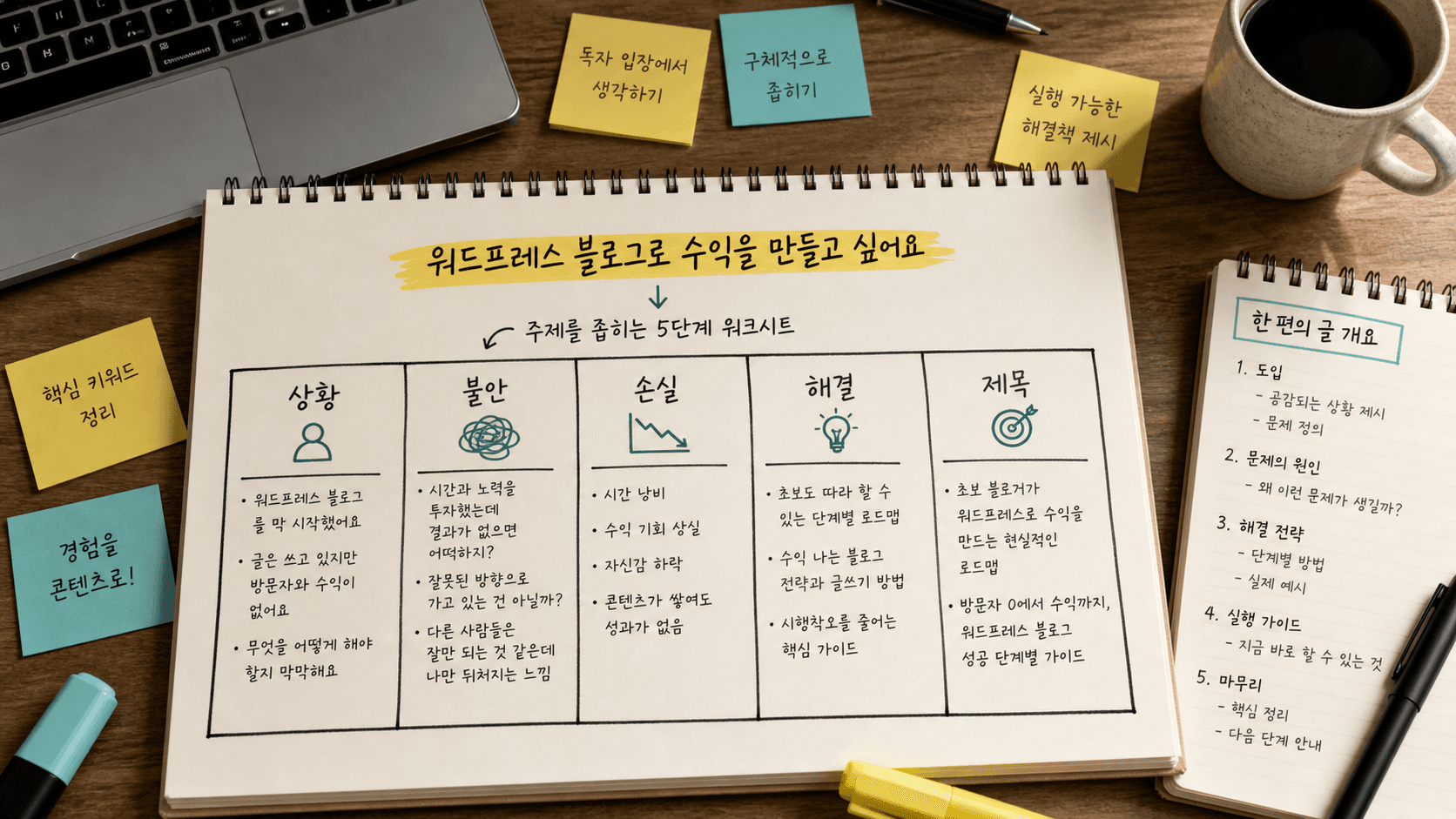 넓은 워드프레스 글감을 한 편의 해결형 글로 좁히는 욕망지도 워크시트